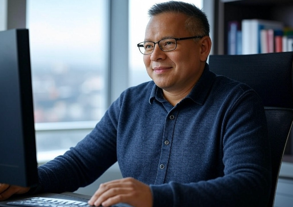 Asian American male working on computer