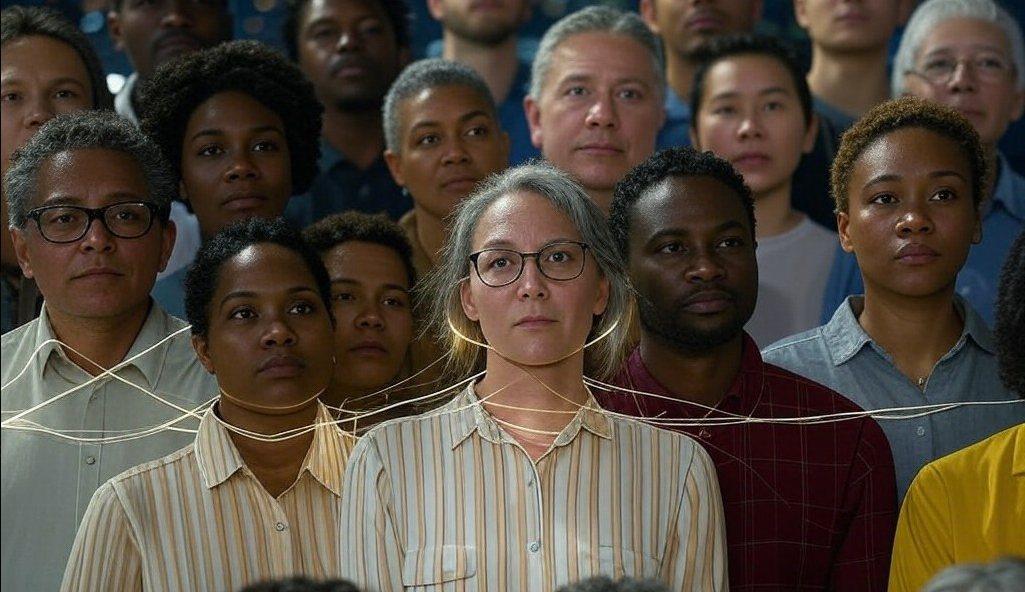 Diverse group of people tied with rope light looking feature