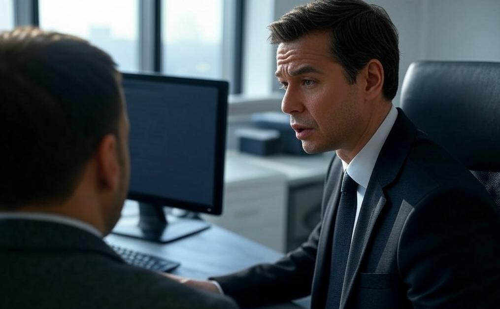 Young male in professional suit and tie, consulting a business owner