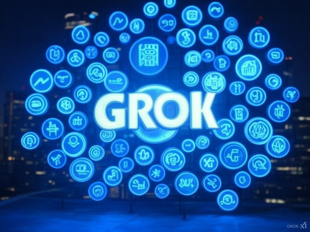 An AI image of lotsd of AI brand logos surrounding a large GROK sign in the appearance of neon