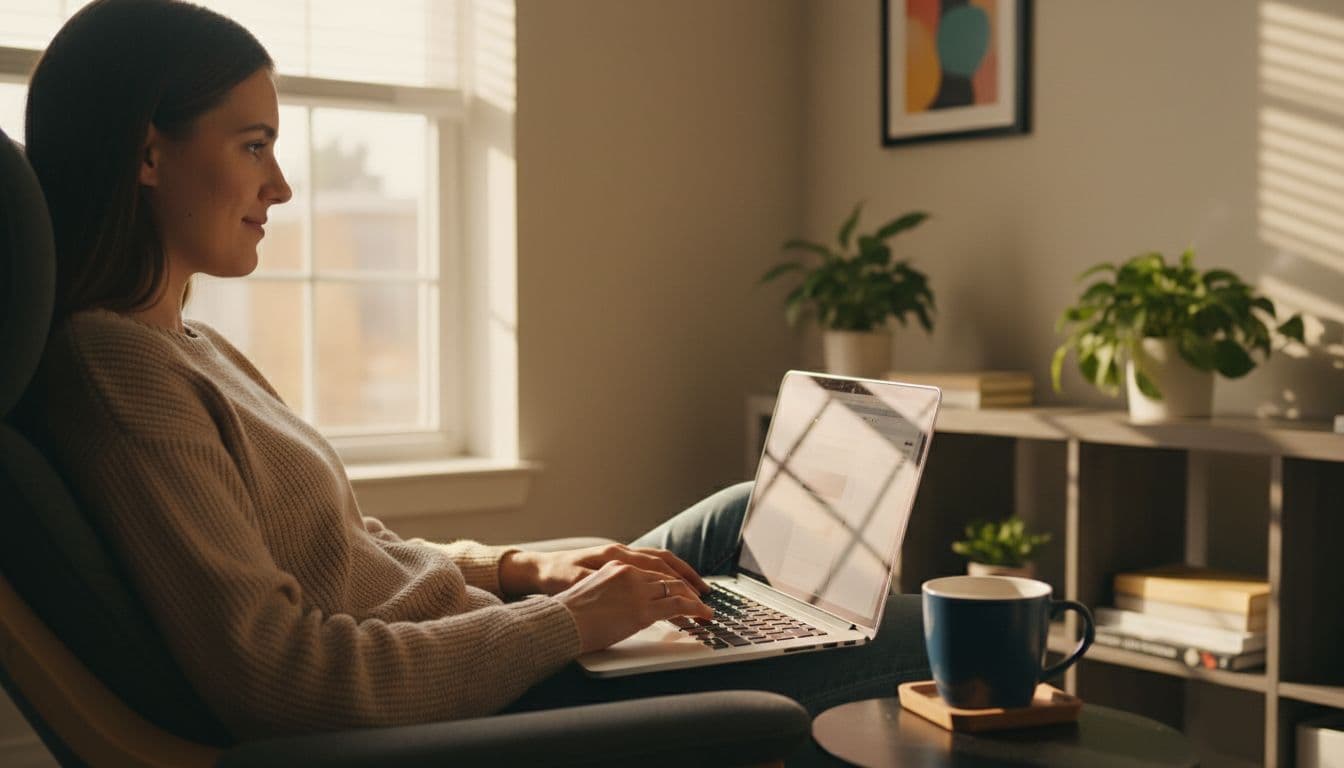 A single agency team member sits relaxed at a computer in a calm home office, reviewing support tickets on a laptop with screen angled away, coffee mug nearby, bathed in warm afternoon light, photorealistic style.