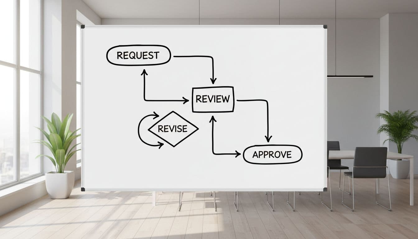 A simple flowchart on a whiteboard in a bright agency meeting room illustrates the change request process from request to approval. The empty room features clean lines, daylight lighting, and an illustrative style with no text or extra elements.
