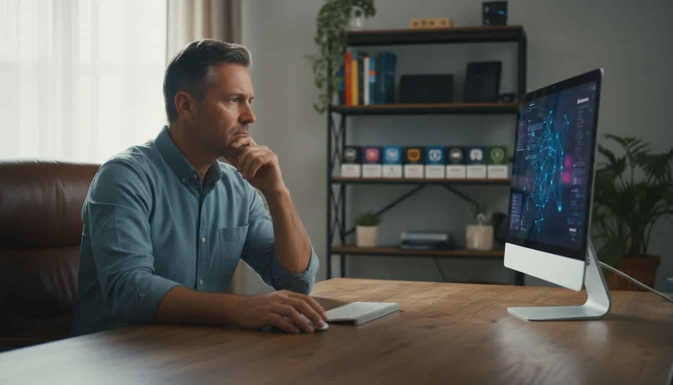 A middle-aged agency owner sits alone at a desk in his home office, looking concerned at a vague AI interface on his angled computer screen, with blurred WordPress plugins in the background and a thoughtful hand on chin, illuminated by natural daylight.