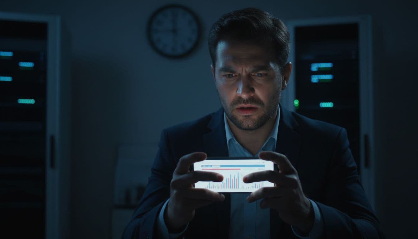 A frustrated business owner in a dark room late at night checks website uptime on a smartphone, clock shows midnight, subtle glowing server icons in background, tense expression under low-key phone lighting.