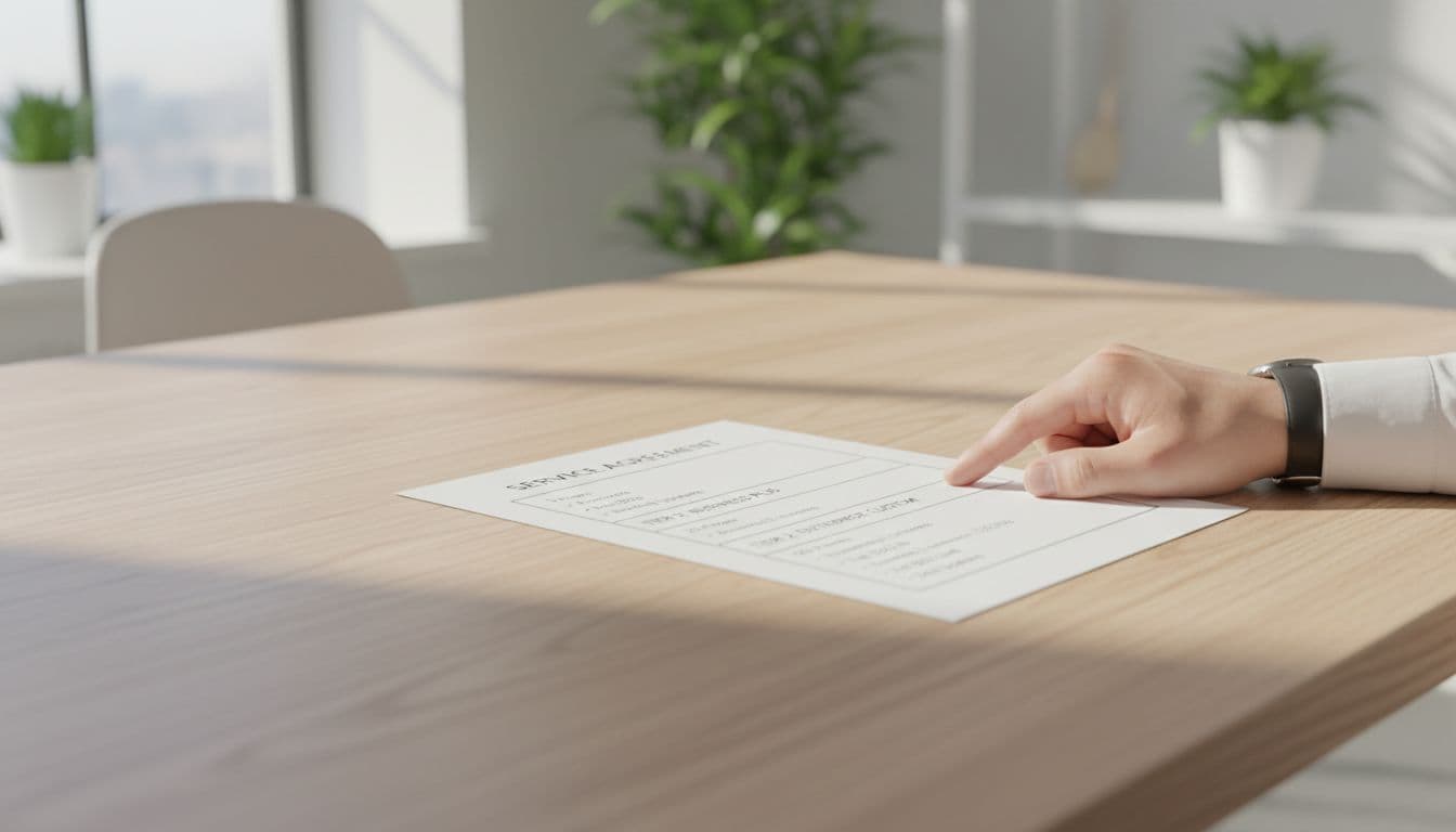 Clean modern office desk with a printed service agreement document outlining website tiers and limits, one relaxed hand pointing to a section under soft natural window light in professional realistic style.