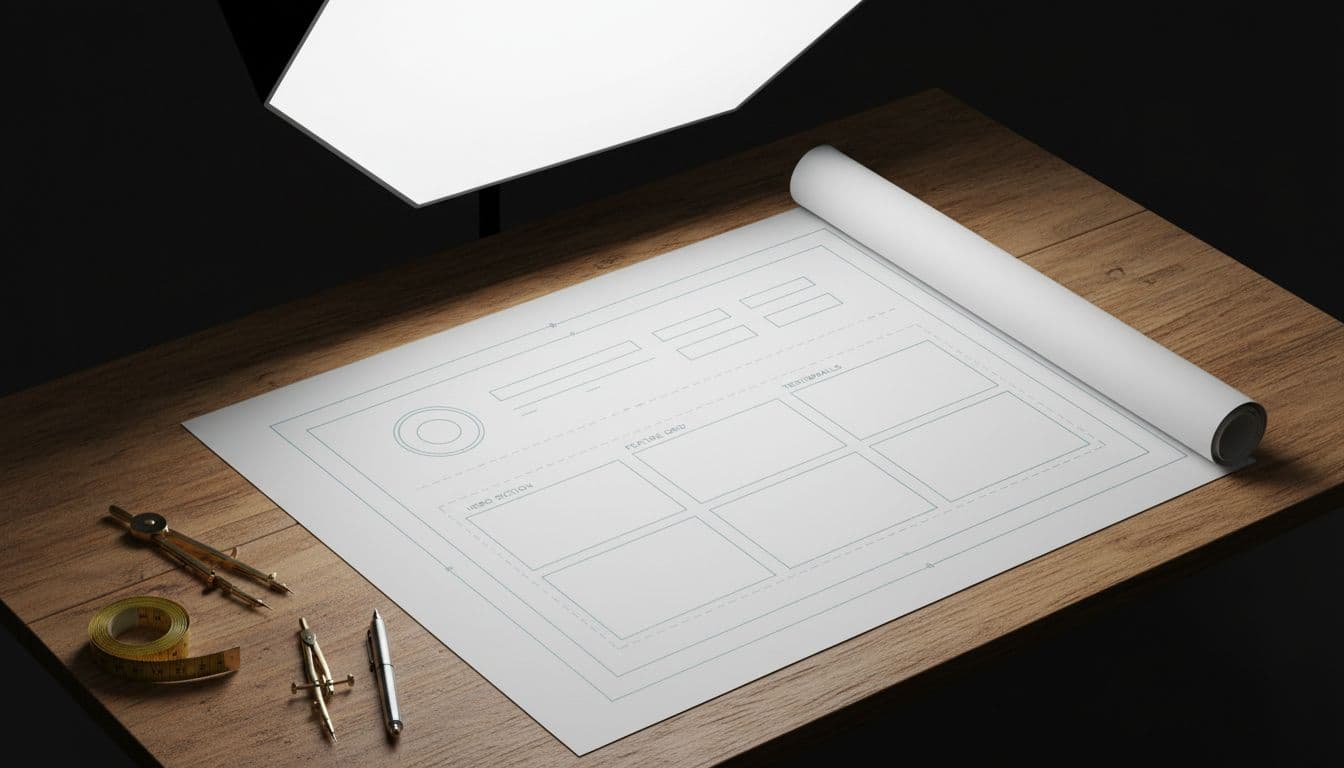 Architectural blueprint of a customizable WordPress website template unrolled on a wooden desk, featuring subtle overlays of placeholder logo, navigation menu, and content blocks, with professional drafting tools nearby in a bright studio under top-down isometric view, blending clean technical illustration with photo style.