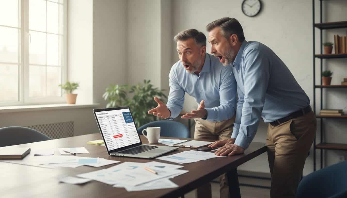 Two middle-aged business partners in a modern office look surprised while examining credit card statements and software subscription lists on a laptop screen, with a cluttered desk featuring bills and a coffee mug under soft window lighting.