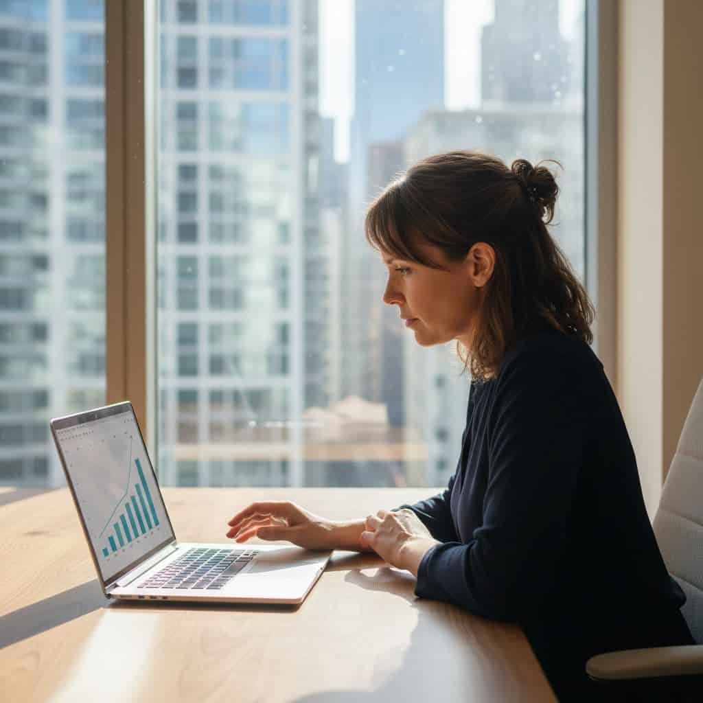 Agency owner with thoughtful expression reviews growth charts on laptop in home office, considering staff hiring, side profile with natural daylight and city window view.