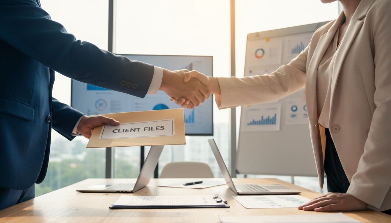 Two agency owners shaking hands over a contract in a bright conference room, one handing over a folder with client files amid modern office elements.