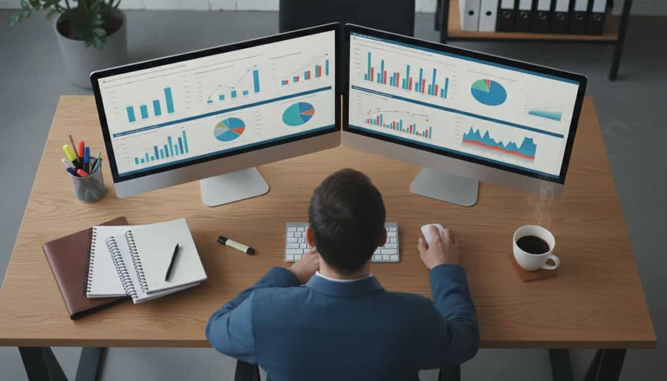 A focused professional at a desk analyzes financial charts and client reports on dual monitors in an organized workspace with notebooks and a coffee mug, captured in a top-down composition under soft office lighting.