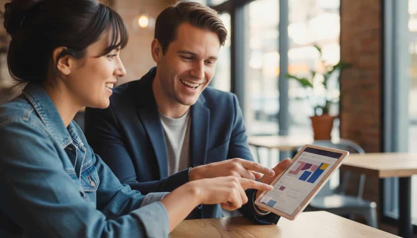 Two professionals, a developer and client, seated at a cafe table reviewing a tablet with a website mockup in a casual productive discussion with smiles and natural pointing.