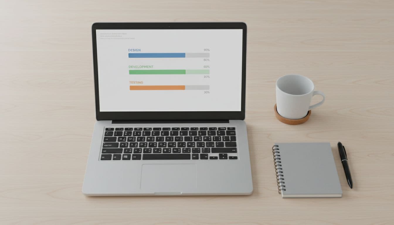 Top-down view of a clean office desk with one open laptop displaying a simple project status dashboard featuring progress bars for design, development, and testing phases, alongside a coffee mug and notebook.
