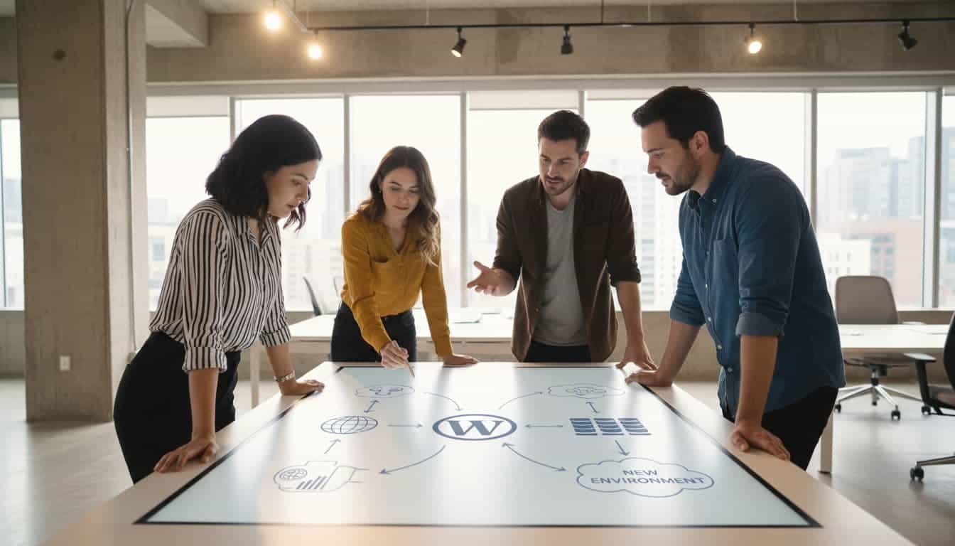 Team members in a modern agency office collaborate around a whiteboard, discussing migration plans with arrows to WordPress icons and server diagrams, vibrant lighting, exactly four people.