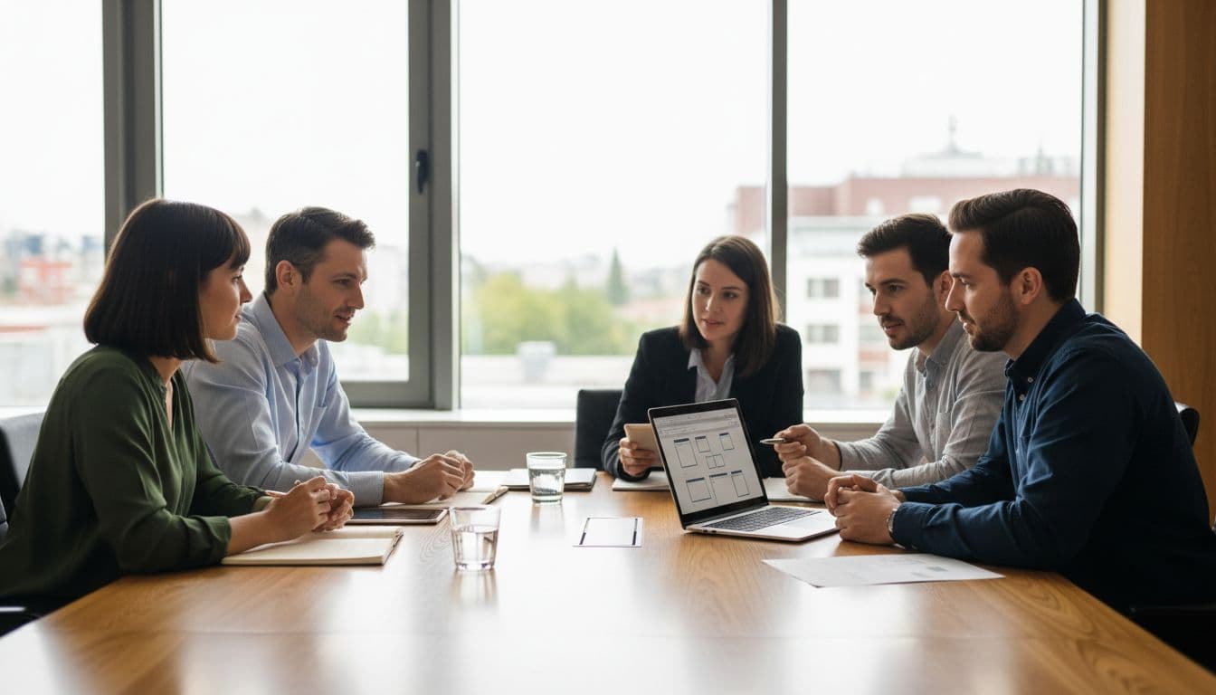 Modern conference room with five people (two clients and three developers) around a table, one developer presenting a web project wireframe on a laptop. Wide side shot capturing focused expressions and natural discussion in bright daylight.