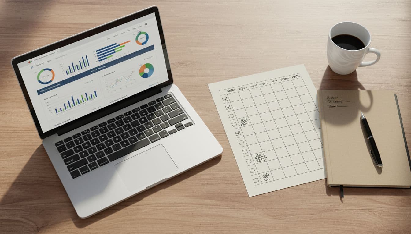 Top-down view of a clean wooden desk in a modern office with a laptop showing a website performance dashboard, printed audit checklist with ticked items for speed, security, and SEO, notebook, pen, and coffee mug under bright natural light.