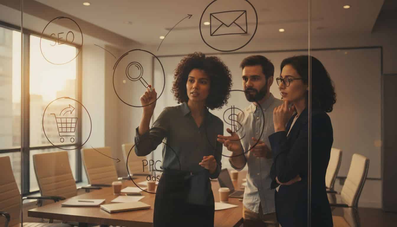 Three diverse professionals in a modern meeting room point at a whiteboard with icons for websites, PPC ads, email marketing, and SEO services.