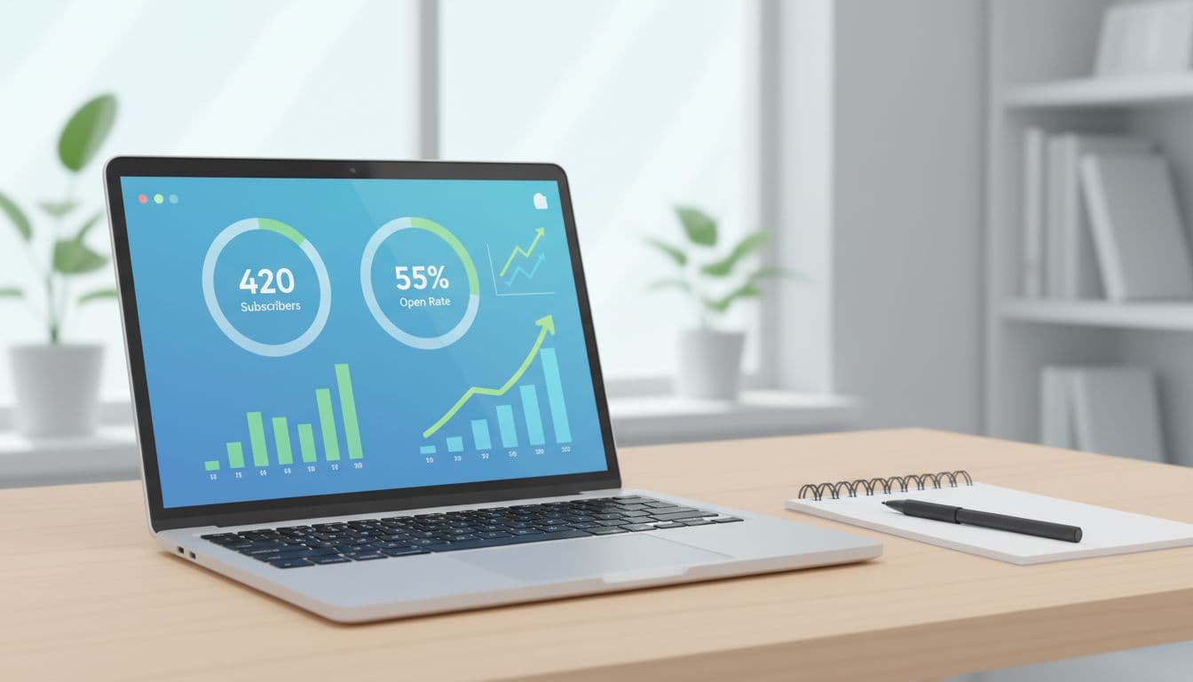 Laptop on clean office desk displays email dashboard with 420 subscribers, 55% open rate, upward charts, and nearby notebook.