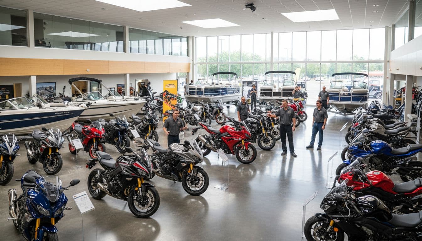 Showroom displays motorcycles and boats with sales team assisting customer.