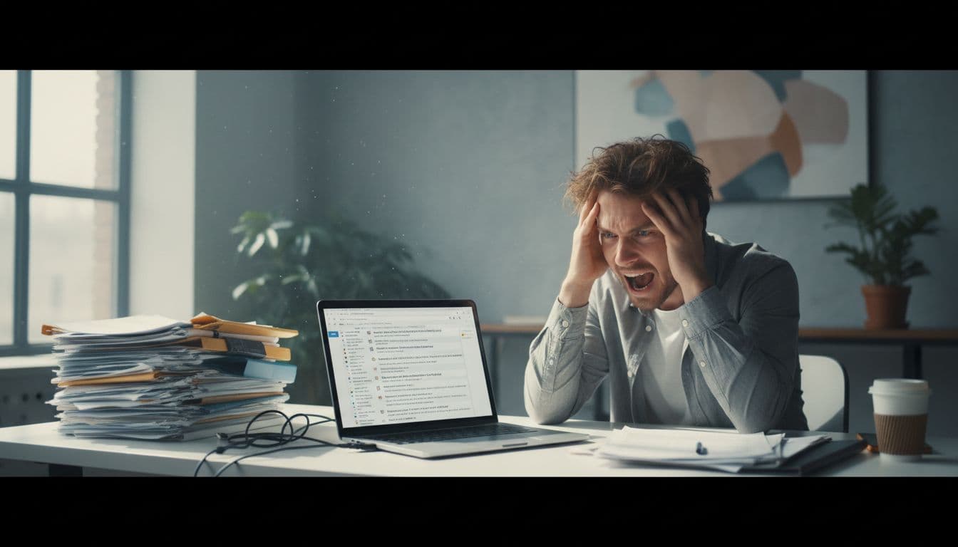 Stressed professional with hands on head sits at cluttered desk with laptop showing overflowing spam inbox and stack of unread papers.