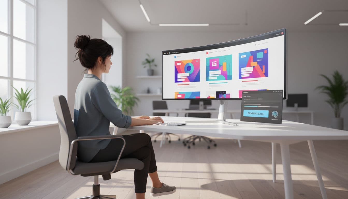 Web designer at desk in bright office uses computer software displaying three abstract website mockups.