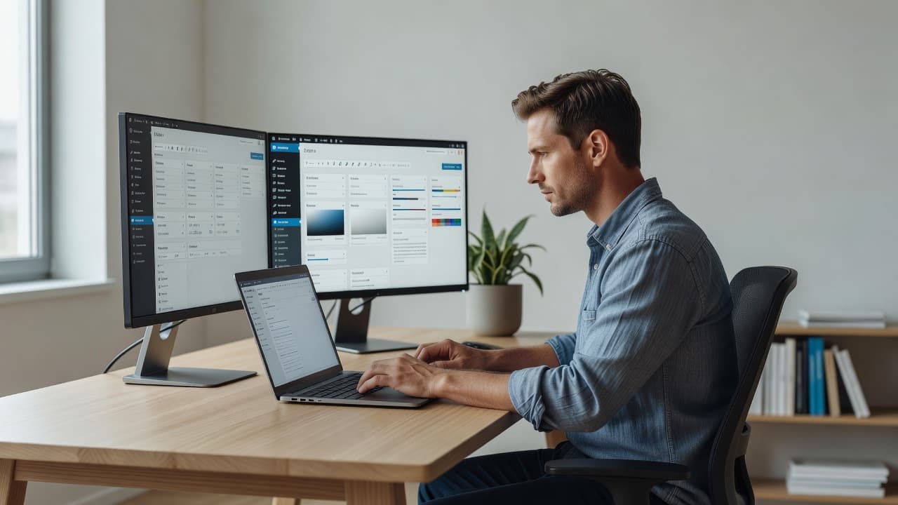 A focused designer uses a dual-screen setup to review website layouts in a sunlit office. The clean workstation features a laptop and external monitor, emphasizing a structured and efficient digital workflow.
