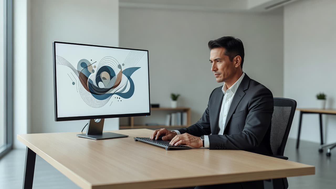 A focused professional works at a sleek desk featuring a single modern monitor displaying abstract patterns. The bright, organized office environment emphasizes productivity with minimalist decor and clean surface lines.