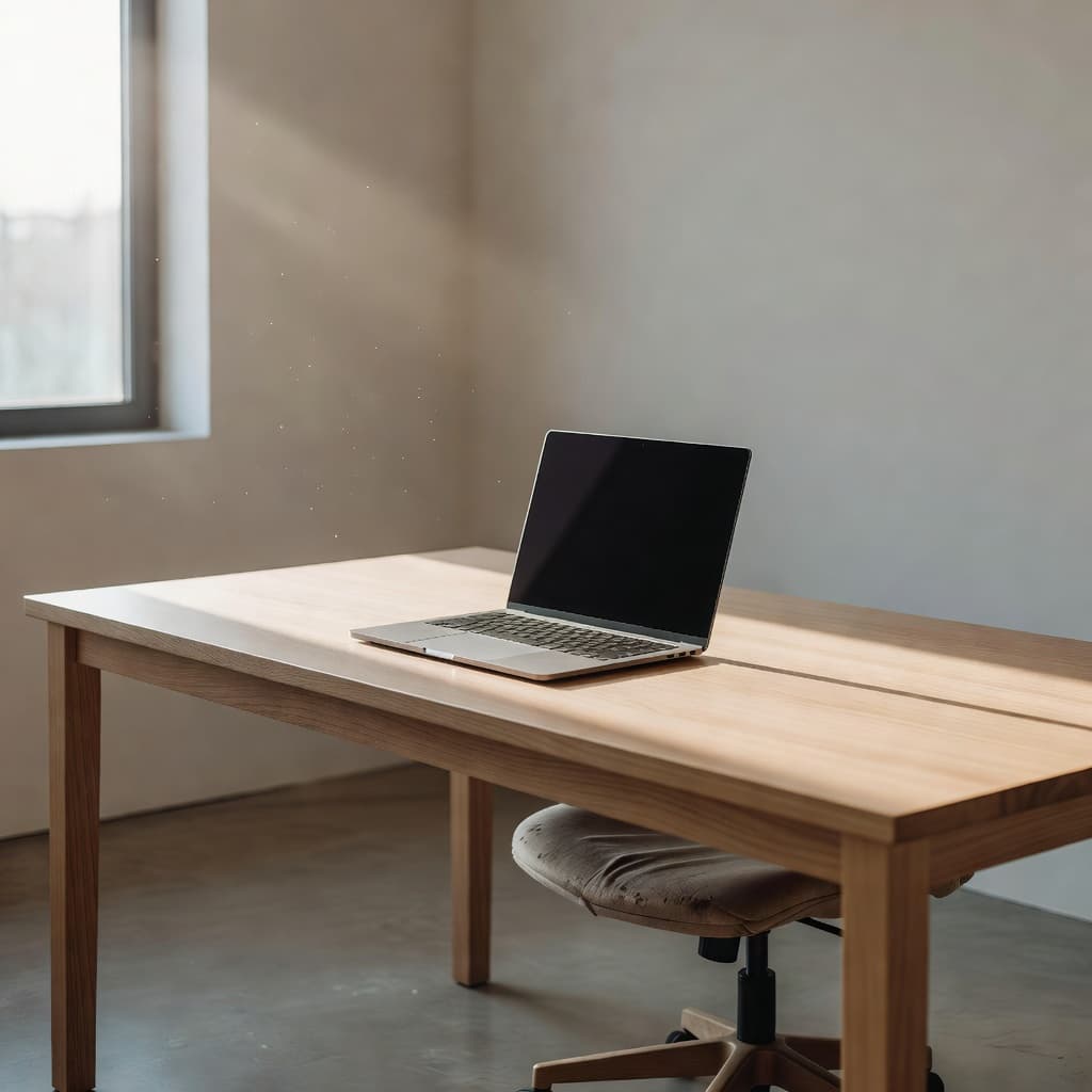 A sleek, minimalist desk sits beneath a large window where soft morning light pools across the surface. An open laptop rests in the center, symbolizing focus amidst a calm, professional environment.