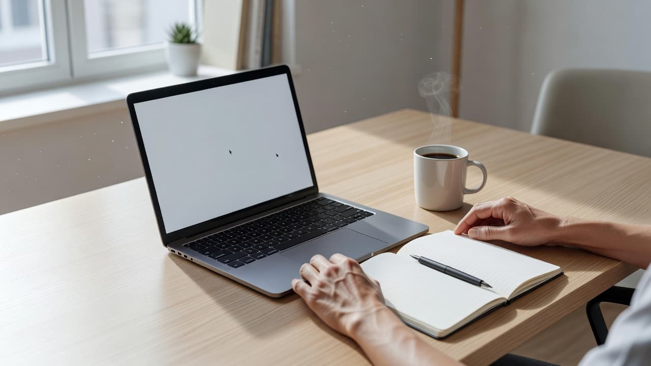 A pair of hands rests on a clean white desk beside a modern laptop, an open notebook, and a ceramic coffee mug. Bright daylight fills the organized home office space.