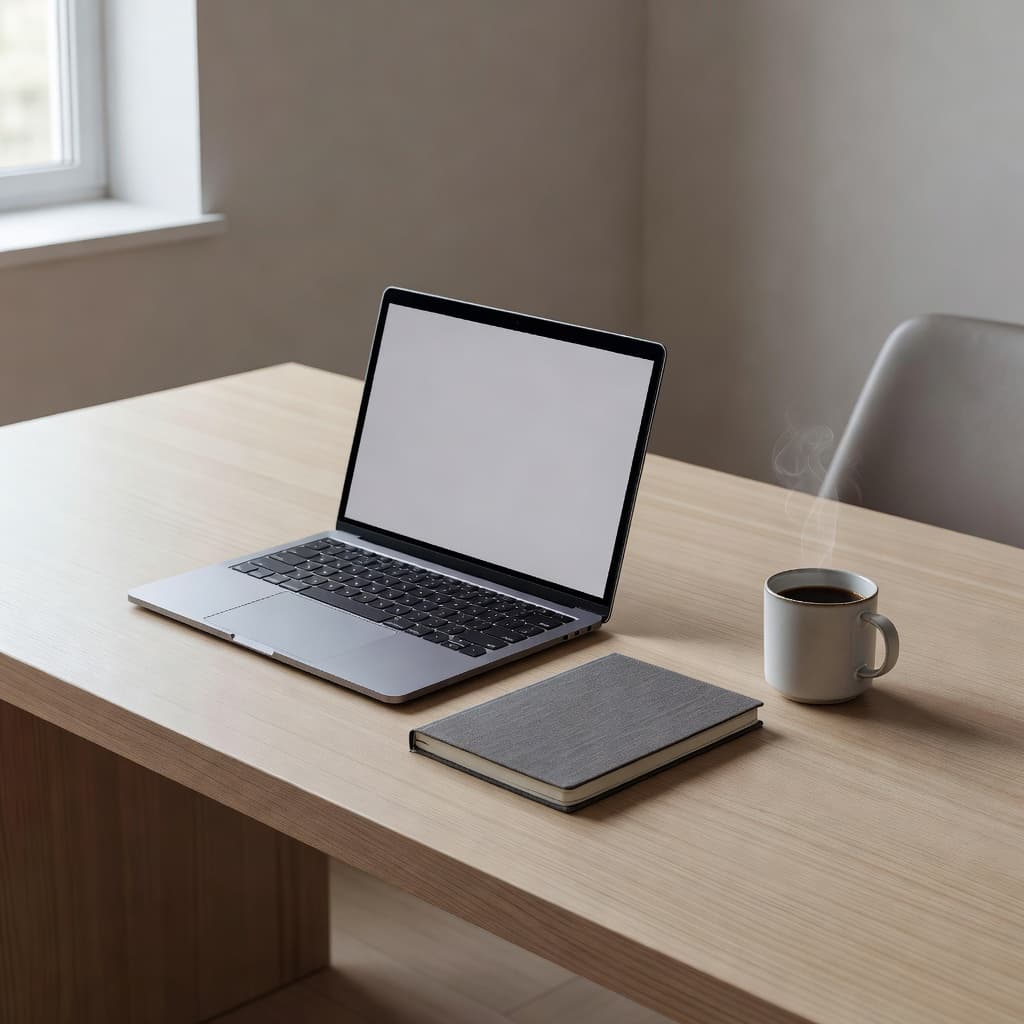 A sleek wooden desk features a silver laptop, an open leather-bound journal, and a steaming porcelain mug. Soft natural light illuminates the organized workspace against a neutral, blurred background wall.