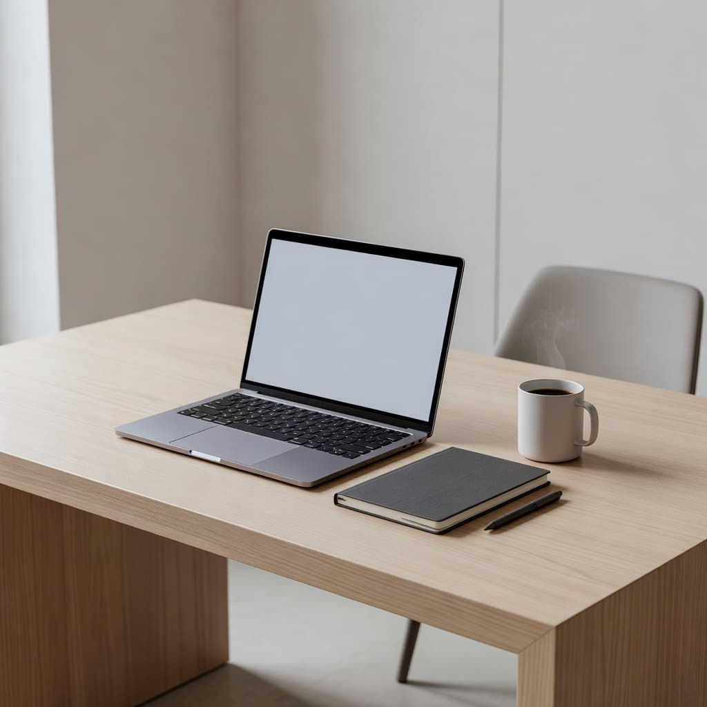 A sleek wooden desk features an open laptop, a spiral-bound notebook, and a steaming ceramic coffee mug. Soft sunlight streams across the organized workspace, highlighting the clean, modern aesthetic of the arrangement.