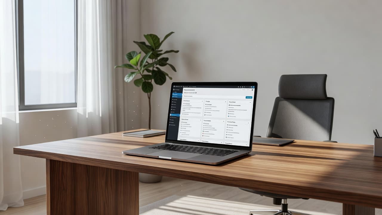 An open silver laptop rests on a polished oak desk bathed in soft, natural morning light. A minimalist aesthetic defines the workspace, emphasizing clear surfaces and a calm, productive professional atmosphere.