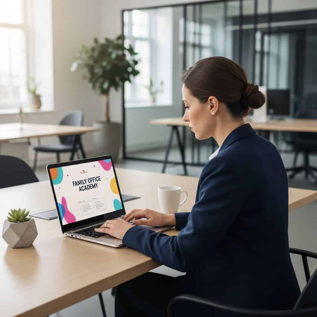 A focused team member sits at a clean wooden desk, interacting with a laptop in a bright office. Soft natural lighting highlights the minimalist workspace with a blurred architectural background.