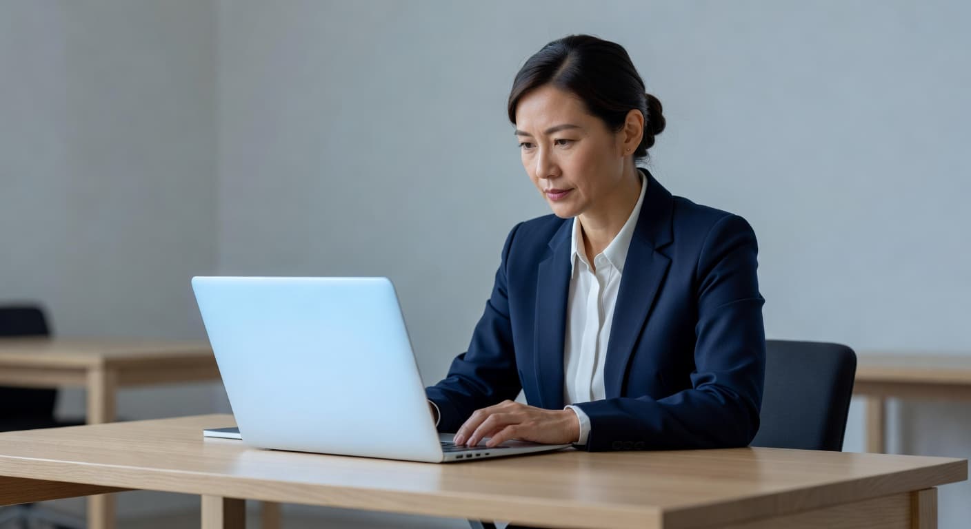 A focused professional looks intently at a bright laptop screen while sitting at a minimalist white desk. Soft sunlight illuminates the workspace, emphasizing a clean, productive environment for reviewing complex data.