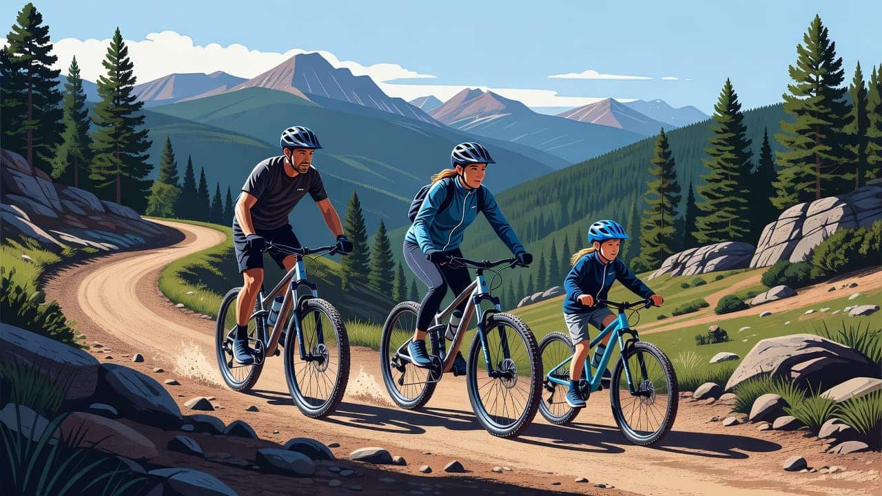 Three family members mountain biking on a scenic Colorado trail.