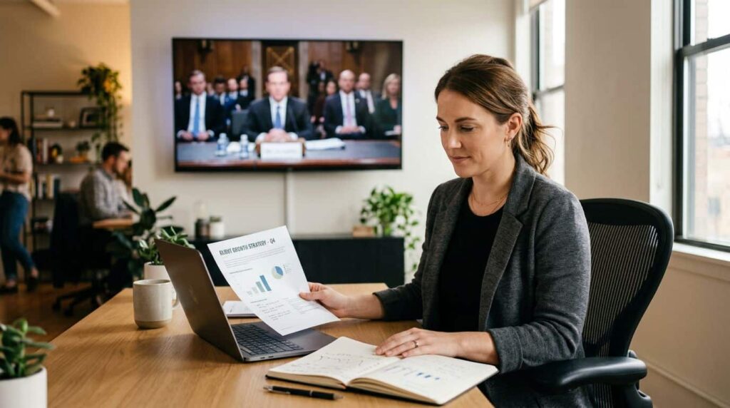 An agency owner reviews strategy while a blurred hearing plays on a television behind them.