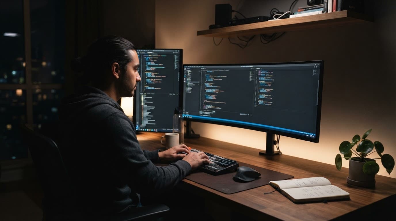A developer works at a computer showing code in a dim office.
