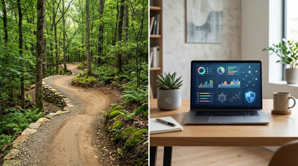 A forest bike trail beside a desk with a laptop showing a maintenance dashboard.