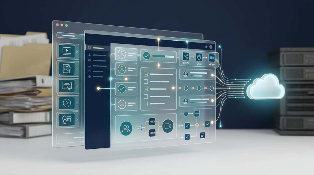 Cloud learning platform panels connect course modules and records beside fading legacy folders.