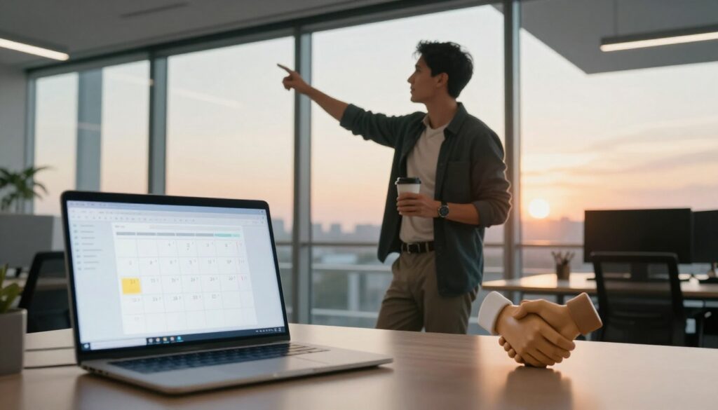 Agency founder beside a sunrise window, with a laptop, coffee, calendar, and handshake sculpture on the desk.