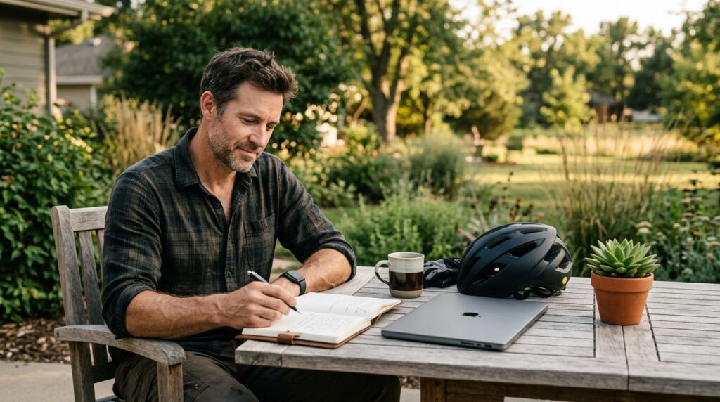 Agency owner relaxing at an outdoor table with a laptop, notebook, coffee, helmet, and plant.