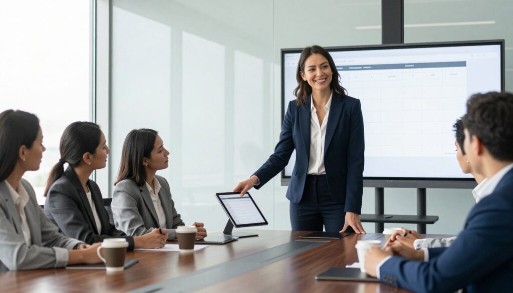 A businesswoman presents an agenda to attentive colleagues around a conference table.