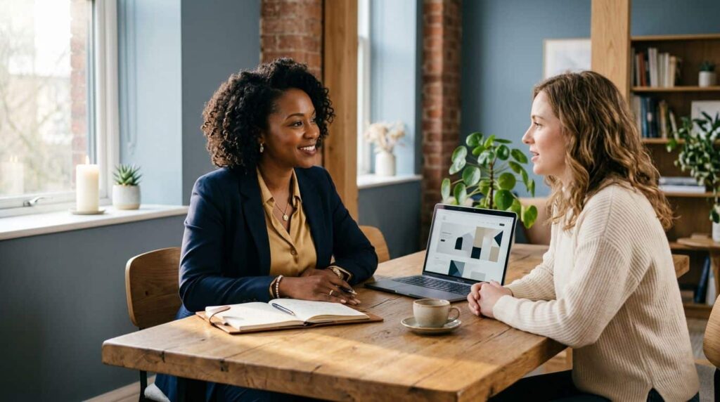 An agency owner and client discuss work across a table with a laptop, notebook, coffee, and candle.