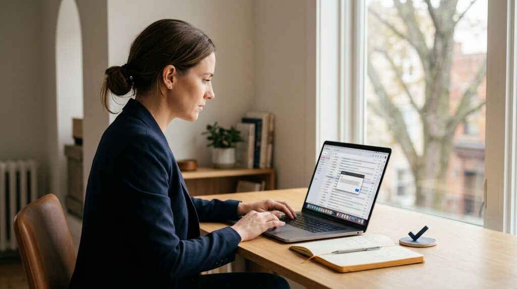 An entrepreneur manages a crowded inbox beside a project notebook and sales checkmark.
