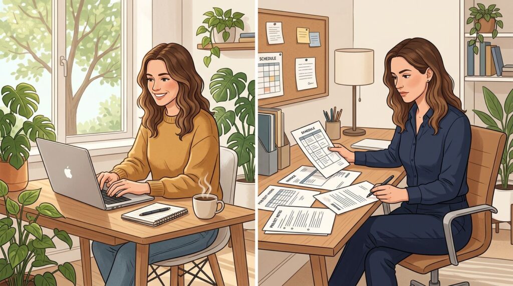 A creative works from home beside a desk covered with schedules and invoices.