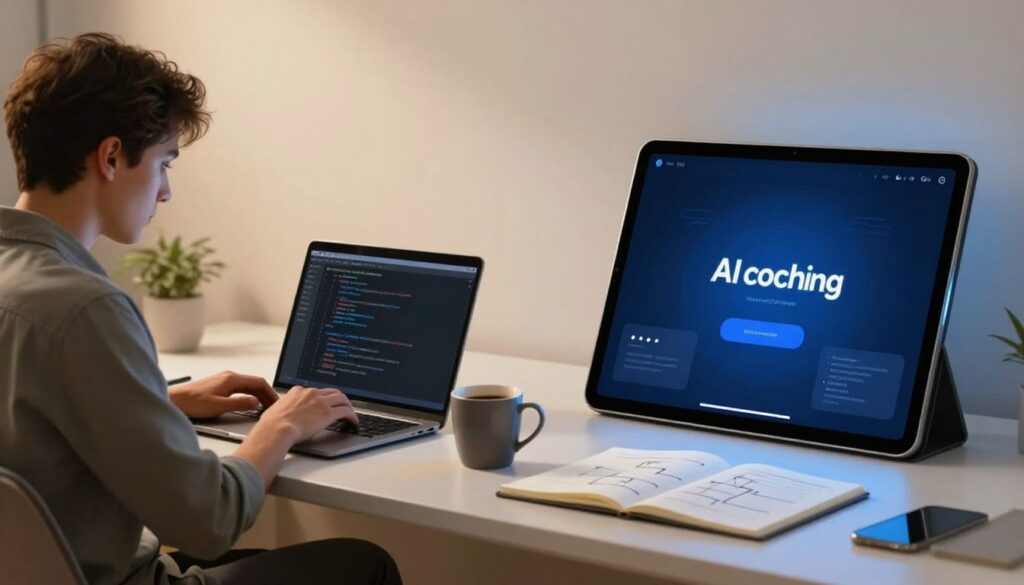 A person codes beside a notebook while a tablet displays an app on the other side.