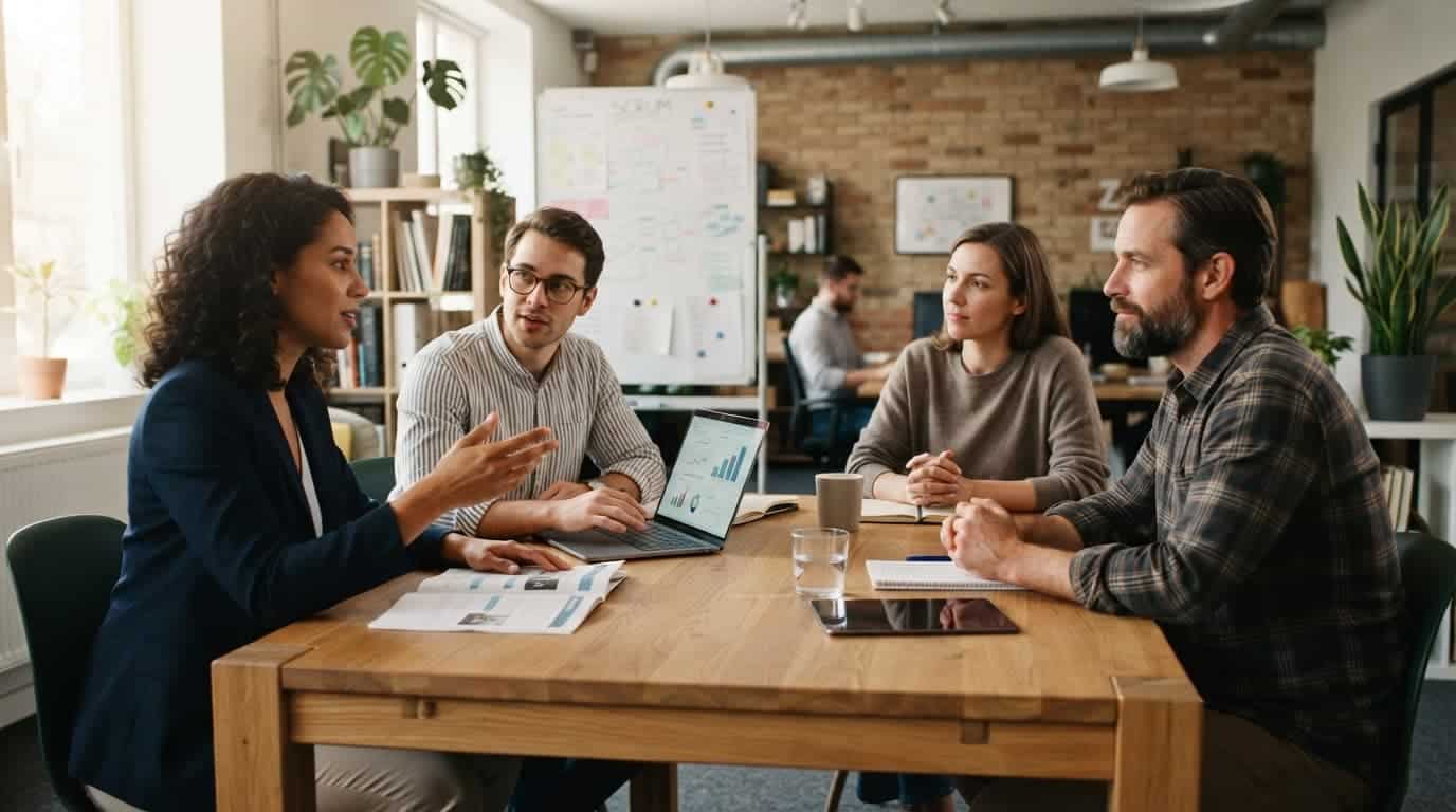 Four coworkers meet around a table with a laptop and printed agenda.