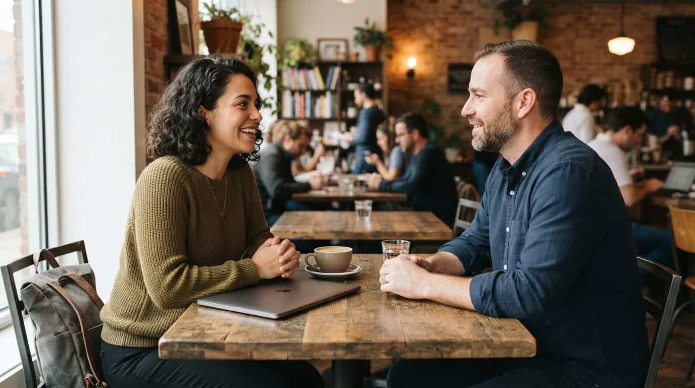 A freelancer talks with a small business owner at a cafe table beside a closed laptop and coffee.