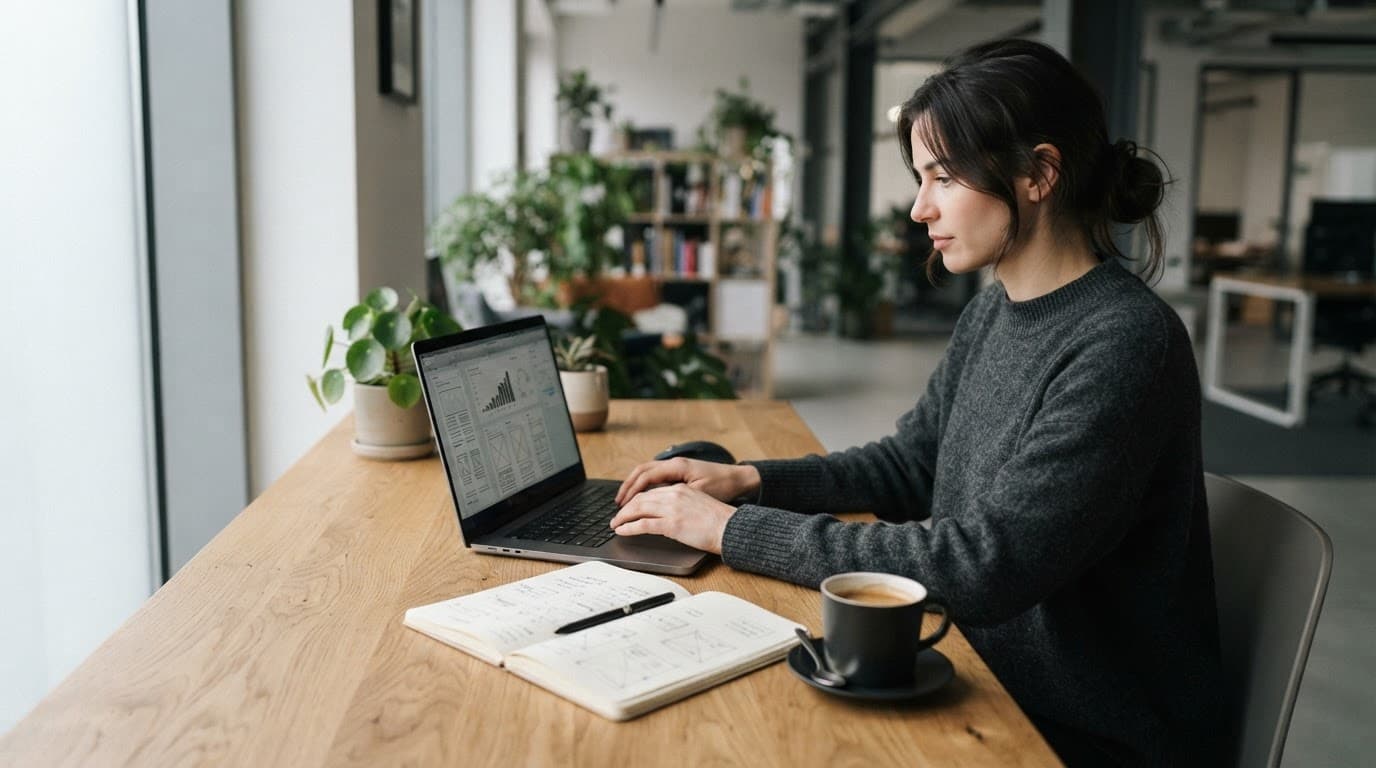 A professional works beside a laptop, notebook, and coffee on a wooden desk.