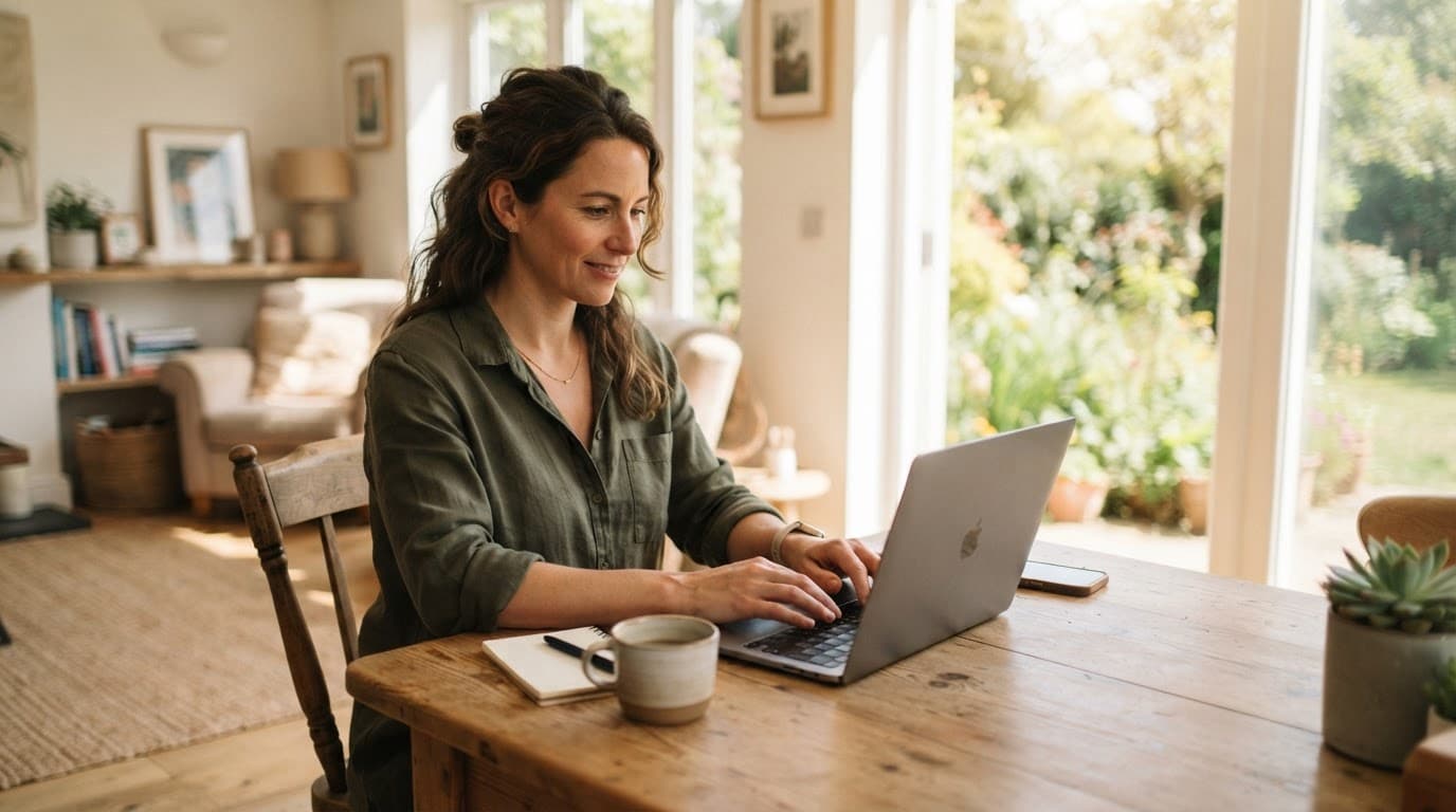 A person works on a laptop at a wooden table in a sunny room.