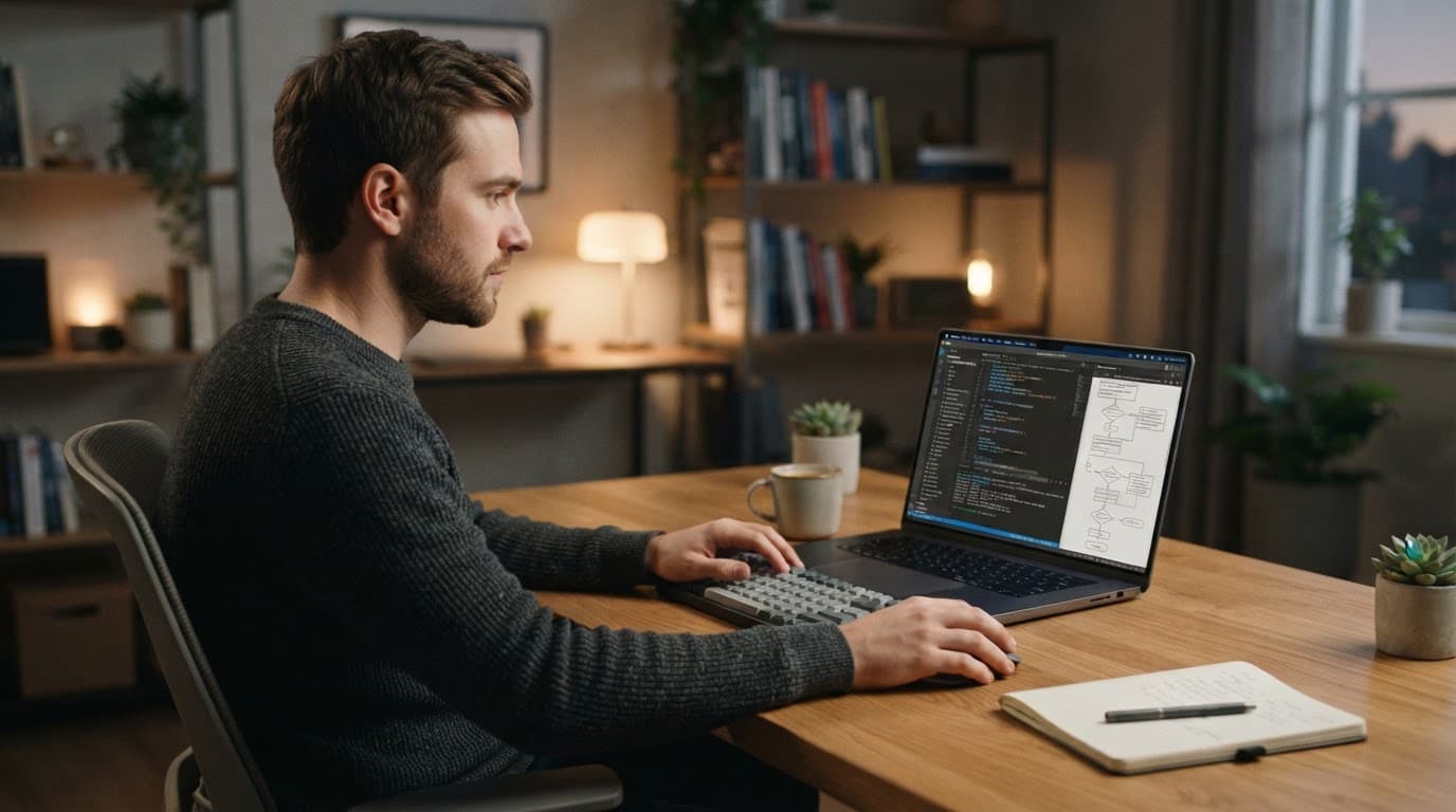 A person works at a laptop showing code in a softly lit office.
